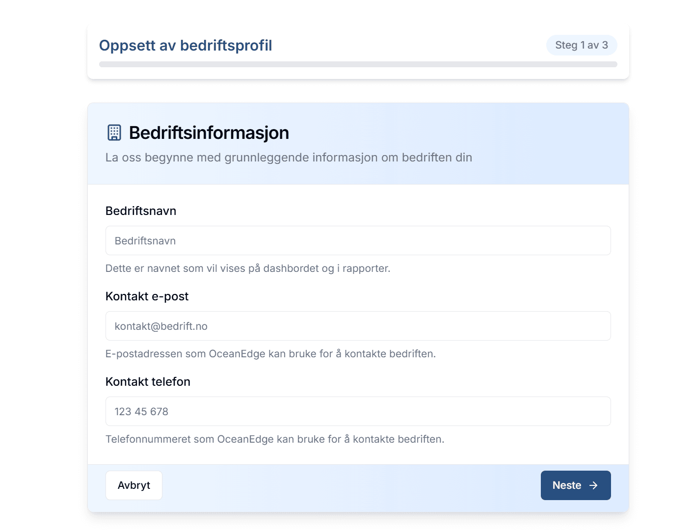 Dashboard startsiden med oversikt