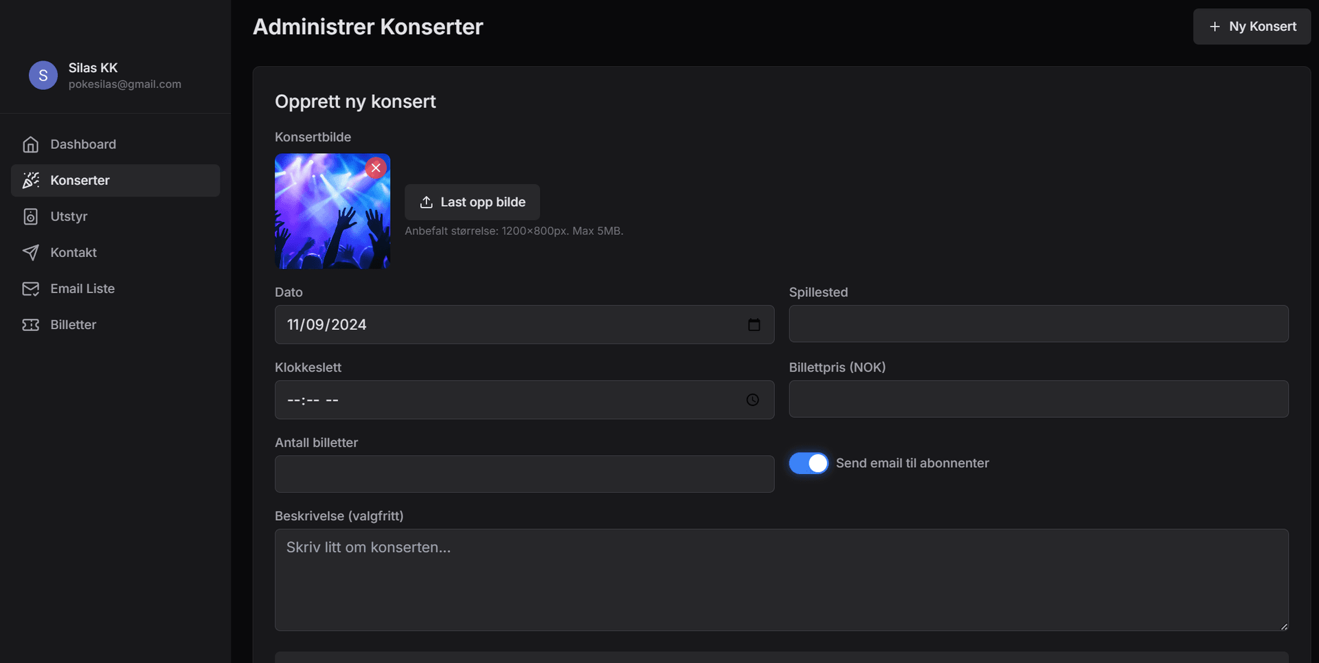 Nettside med konsert/utleie system